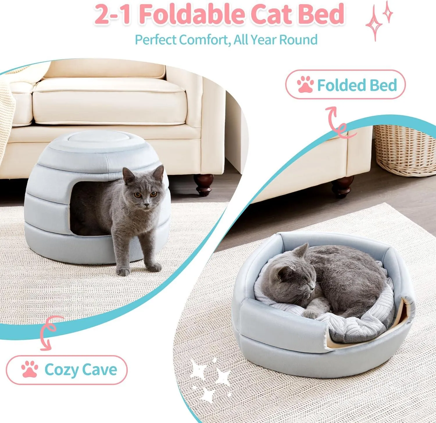 2-in-1 Foldable Cat Houses with Removable & Washable Cushion