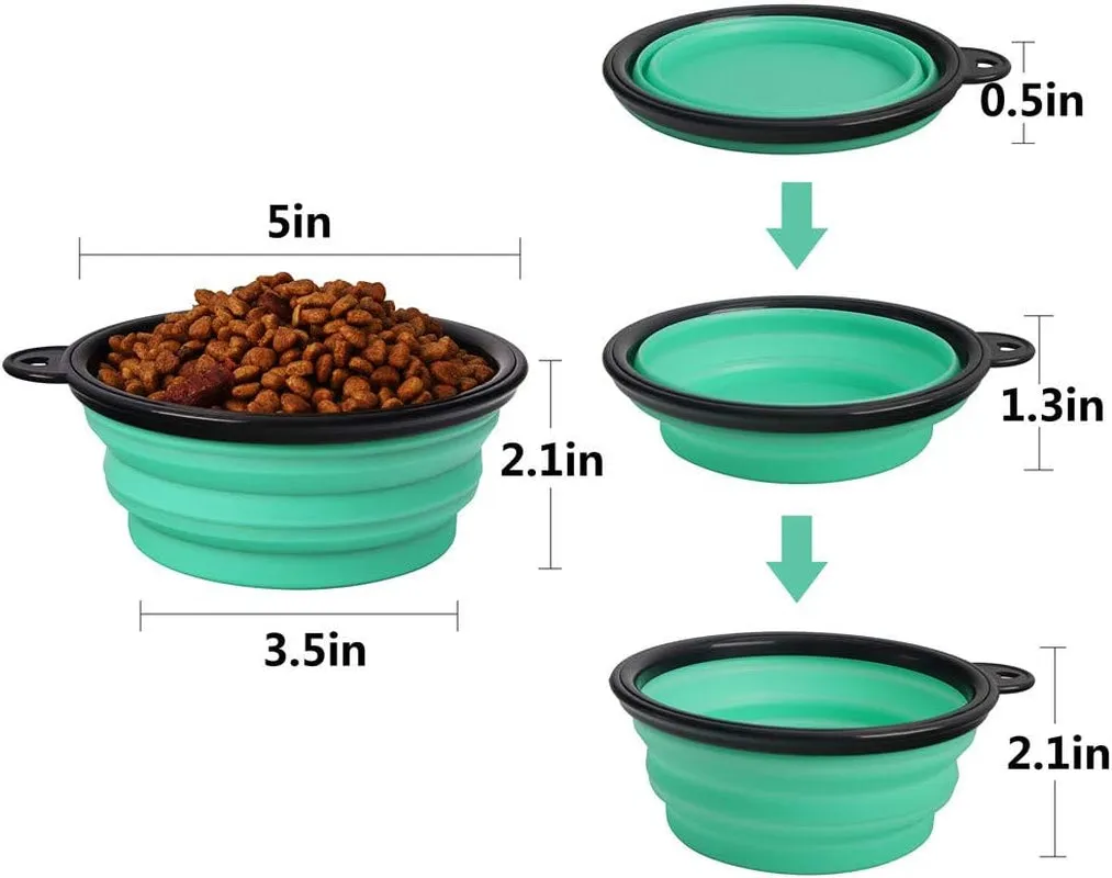 Collapsible Pet Bowl Dog Bowls 2 Pack, Portable Silicone Pet Feeder, Foldable Expandable for Dog/Cat Food Water Feeding, Travel Bowl for Camping (Light Blue Light Green)