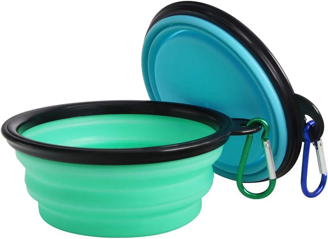 Collapsible Pet Bowl Dog Bowls 2 Pack, Portable Silicone Pet Feeder, Foldable Expandable for Dog/Cat Food Water Feeding, Travel Bowl for Camping (Light Blue Light Green)