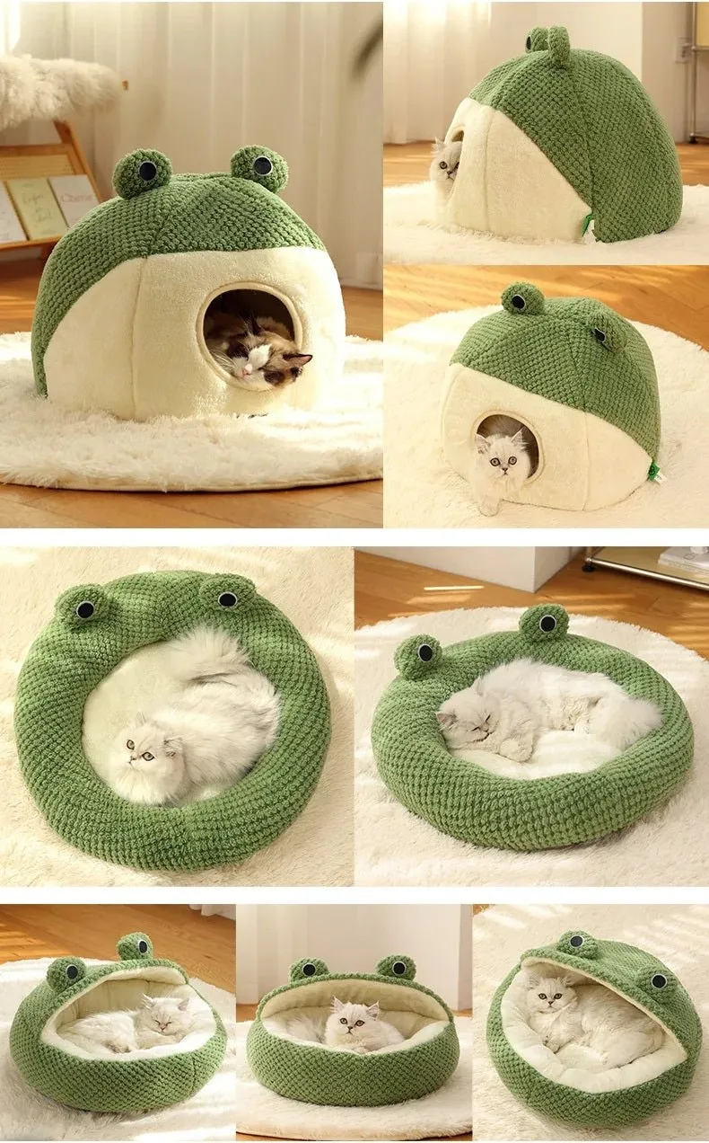 Cozy Frog-Themed Cat Bed – Plush Semi-Enclosed Nest for Cats & Small Dogs, Perfect for Snuggly Autumn and Winter Comfort