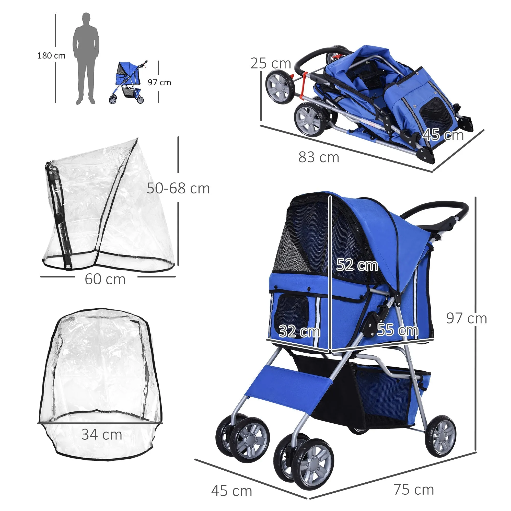 Dog Stroller with Rain Cover for Small Miniature Dogs Folding Pet Pram with Cup Holder Storage Basket Reflective Strips Blue
