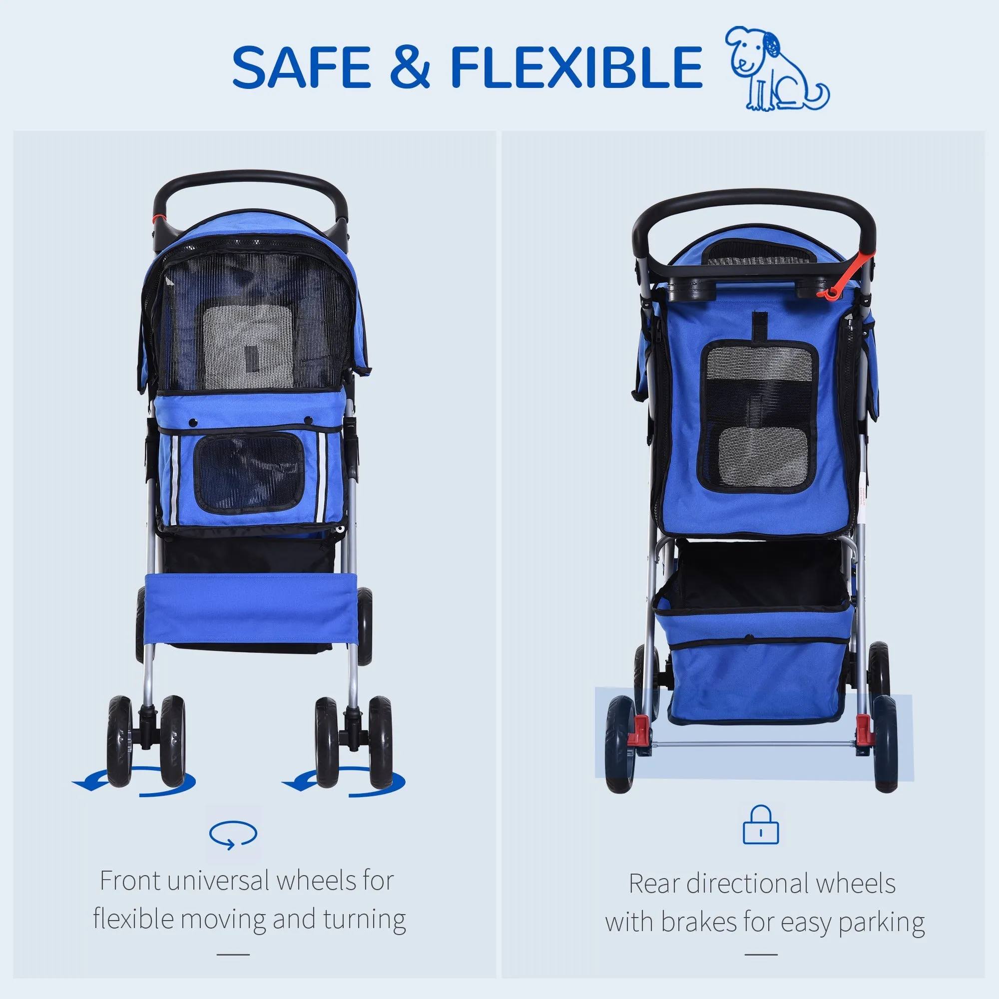 Dog Stroller with Rain Cover for Small Miniature Dogs Folding Pet Pram with Cup Holder Storage Basket Reflective Strips Blue