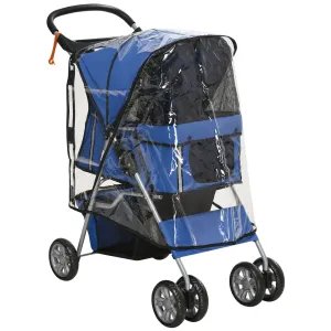 Dog Stroller with Rain Cover for Small Miniature Dogs Folding Pet Pram with Cup Holder Storage Basket Reflective Strips Blue