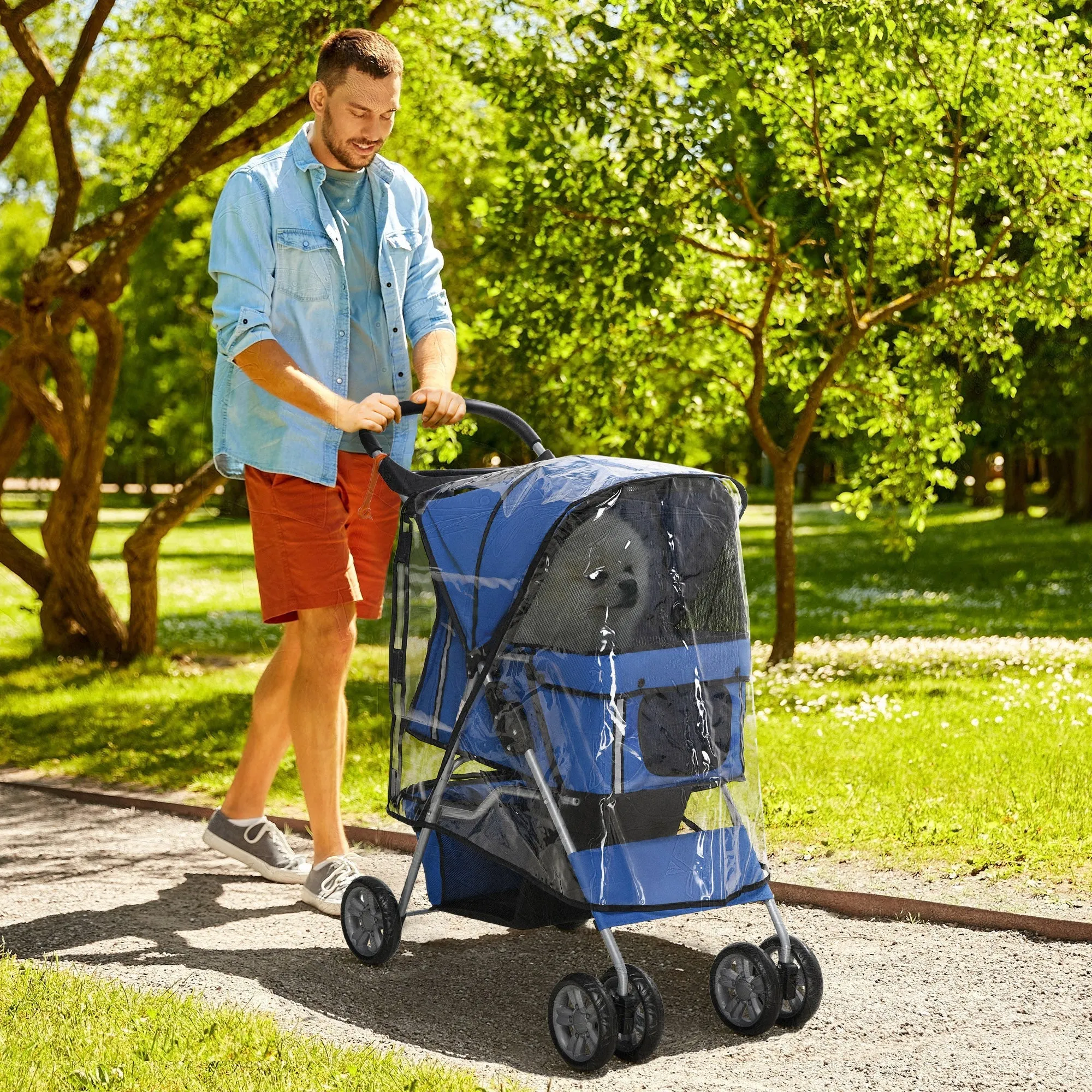 Dog Stroller with Rain Cover for Small Miniature Dogs Folding Pet Pram with Cup Holder Storage Basket Reflective Strips Blue