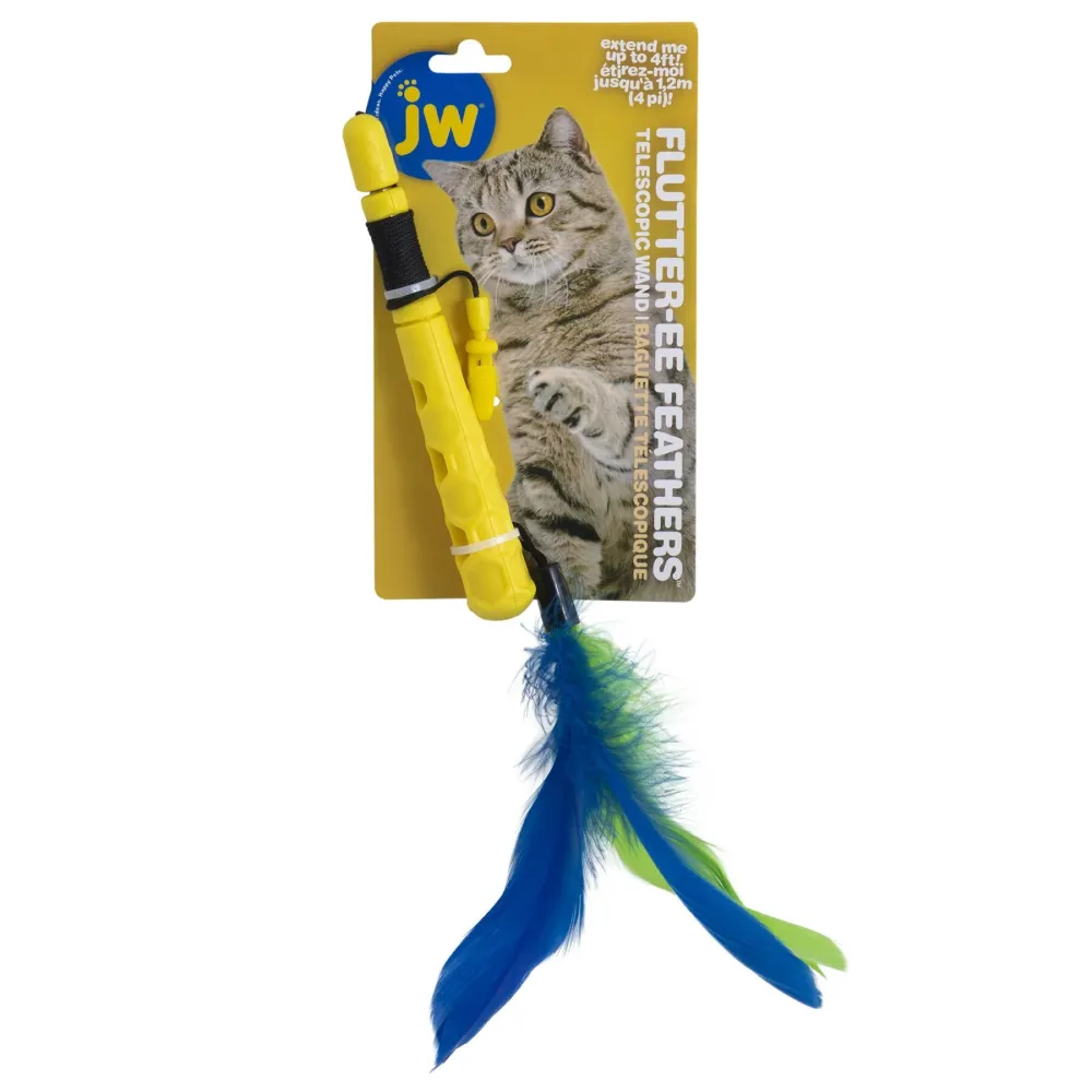JW Flutter Ee Feathers Telescopic Wand Toy for Cats (Yellow)