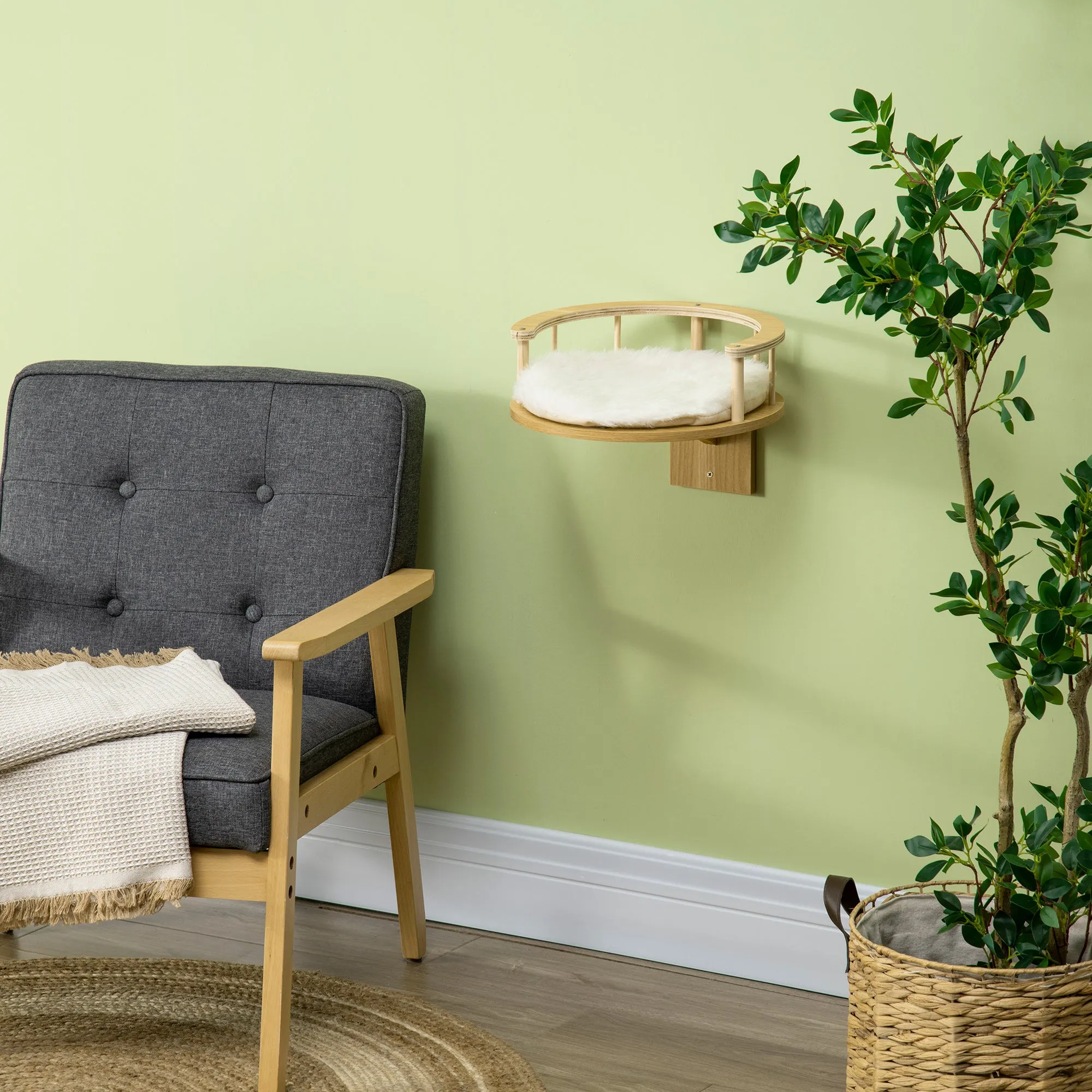 PawHut Cat Shelf Wall Mounted Cat Tree with Cushion, Guardrails 34 x 34 x 10.5cm
