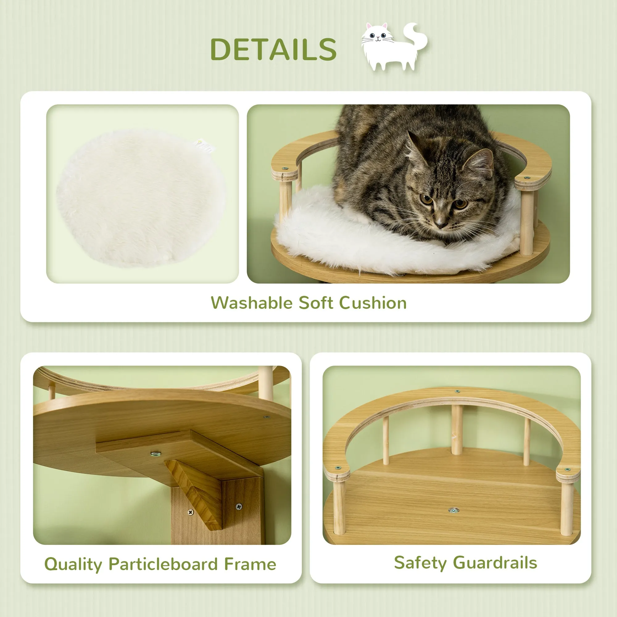 PawHut Cat Shelf Wall Mounted Cat Tree with Cushion, Guardrails 34 x 34 x 10.5cm