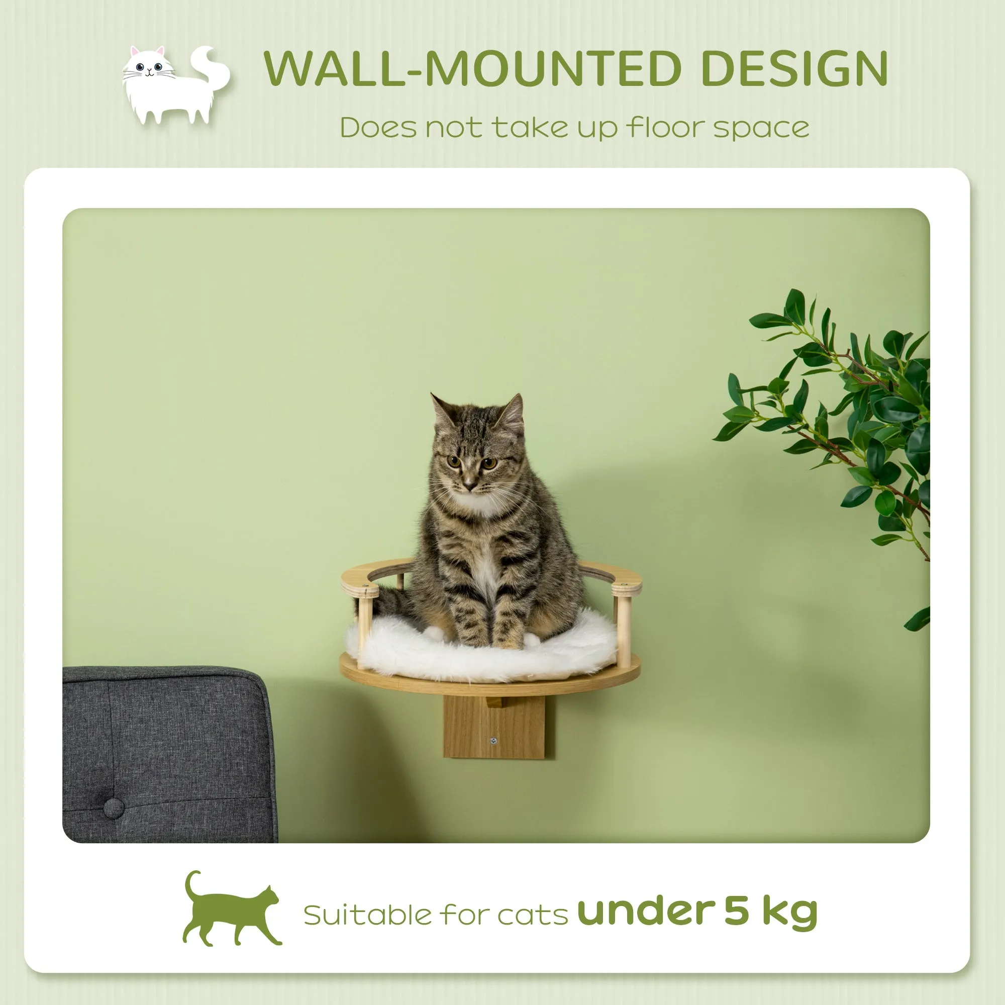 PawHut Cat Shelf Wall Mounted Cat Tree with Cushion, Guardrails 34 x 34 x 10.5cm
