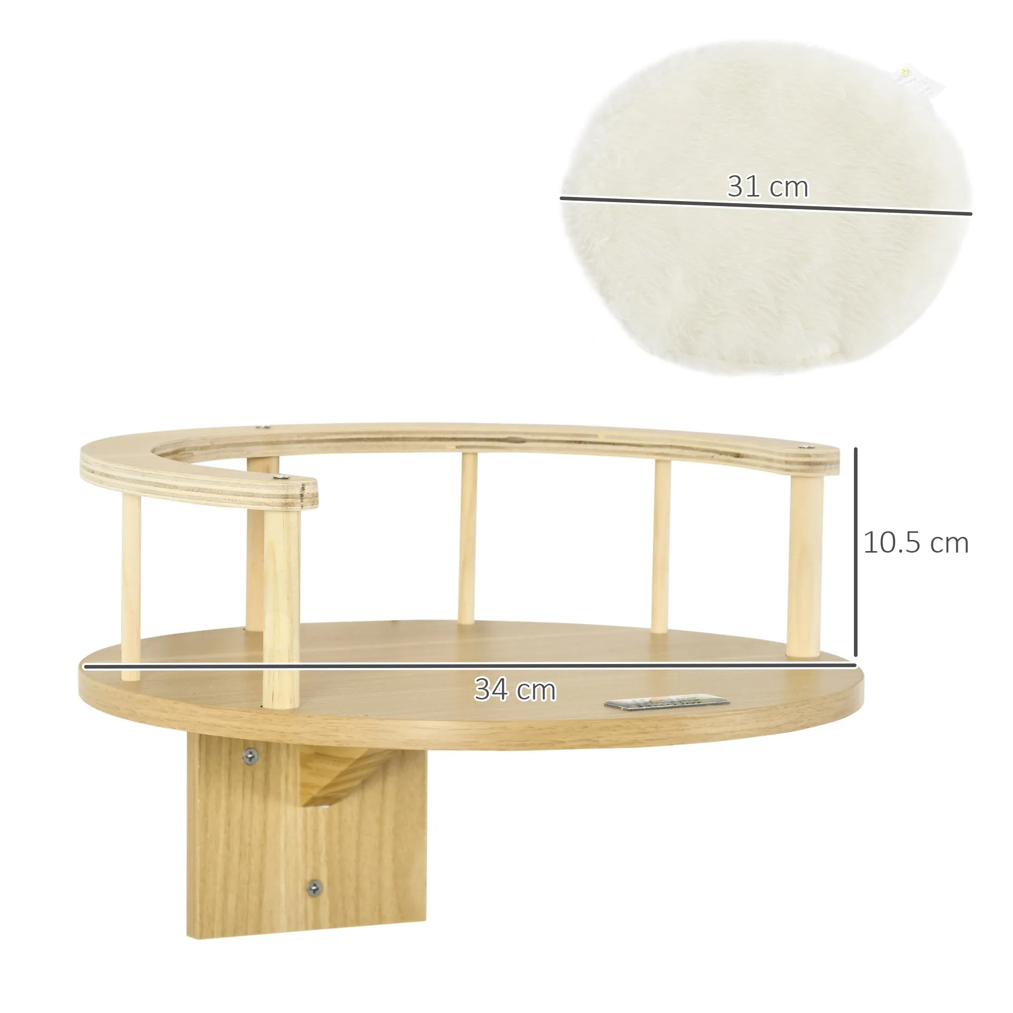 PawHut Cat Shelf Wall Mounted Cat Tree with Cushion, Guardrails 34 x 34 x 10.5cm