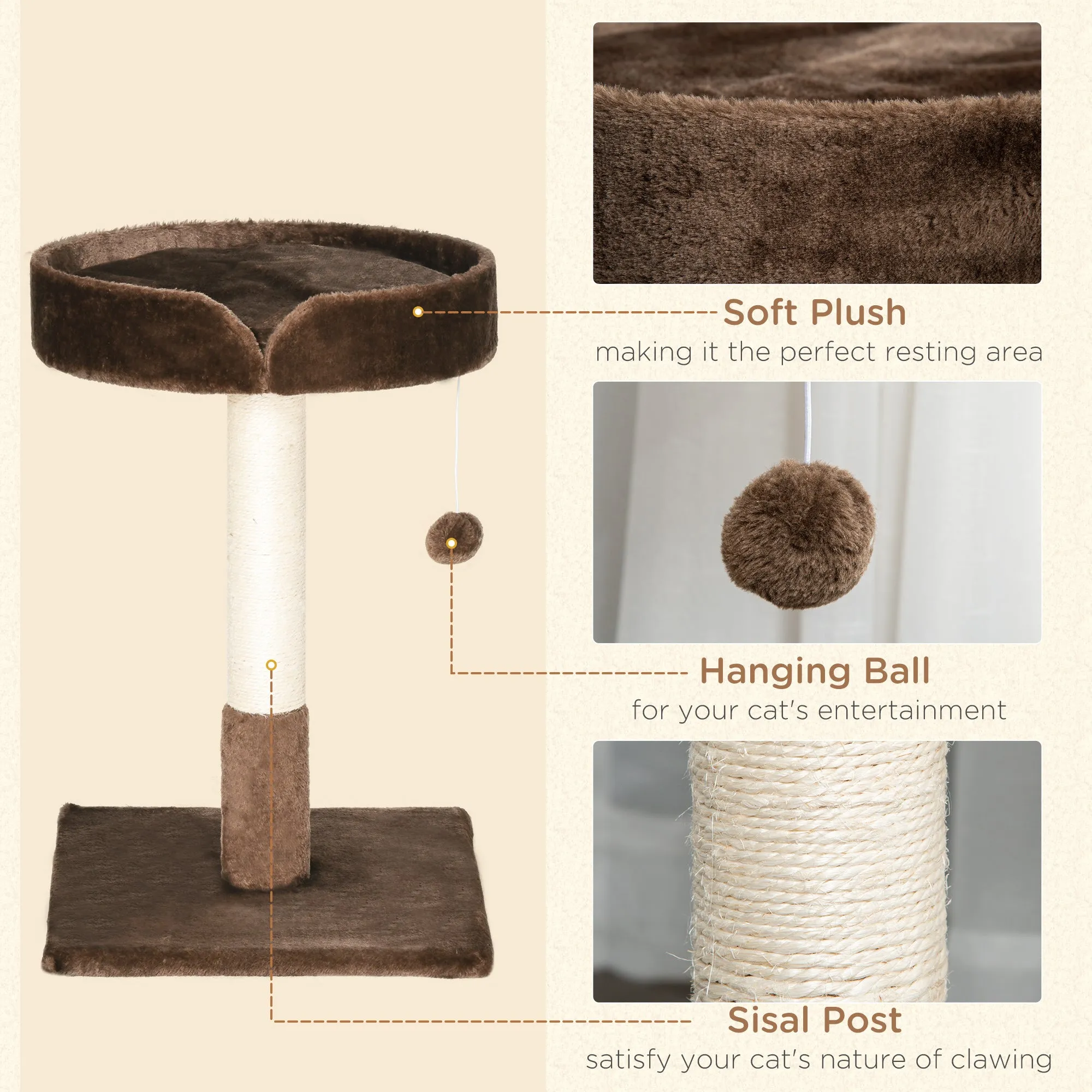 PawHut Small Cat Tree for Indoor Cats W/ Sisal Scratching Post Bed Cushion Toy